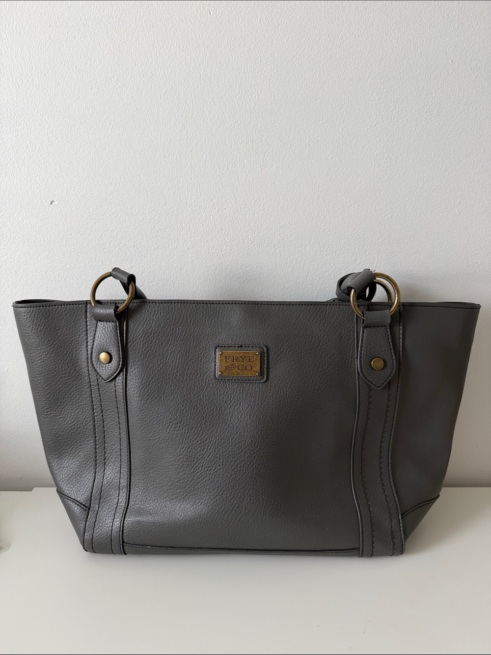 Frye Charcoal Gray Leather Tote with Brass Accents